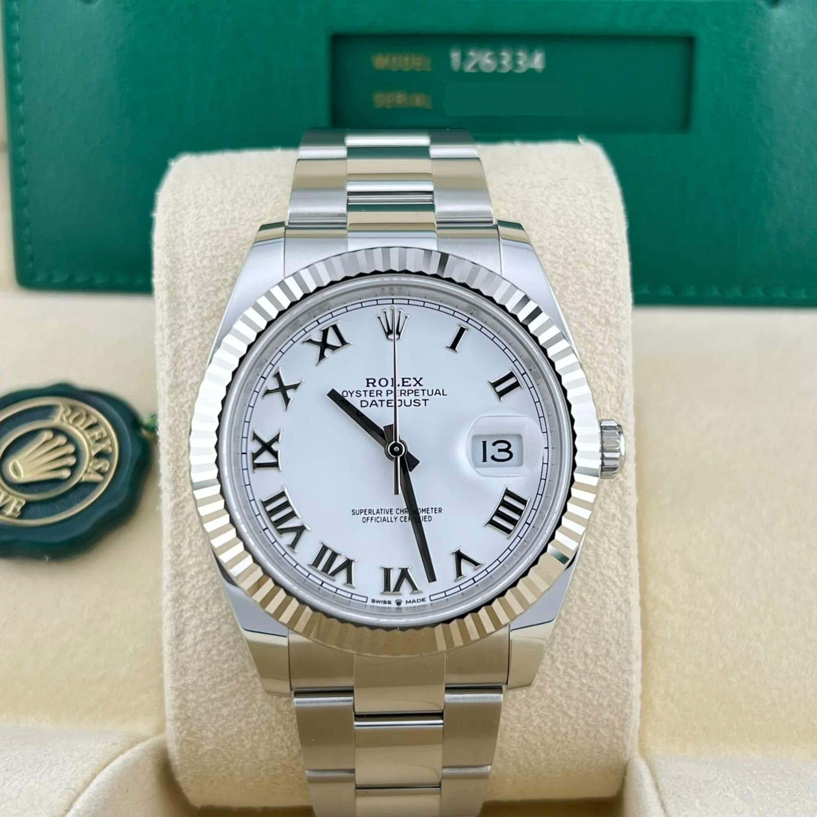 2026 Rolex Datejust 41 Fluted / White / Roman / Oyster 126334-0023 — 41 mm, Steel, White dial