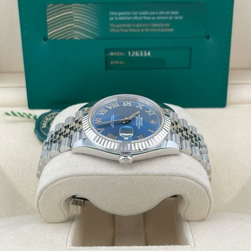 2025 Rolex Datejust 41 Steel / Fluted / Azzurro Blue / Roman / Jubilee 126334-0026 — 41 mm, Steel, Blue dial
