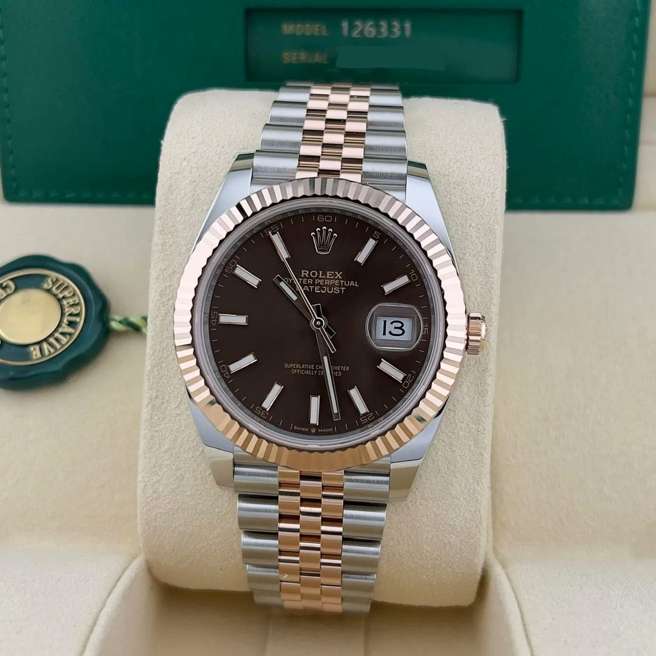 2024 Rolex Datejust 41 Two-Tone / Fluted / Chocolate / Jubilee 126331-0002 — 41 mm, Steel & Rose Gold, Chocolate dial